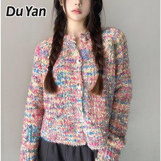 Du Yan เสื้อกันหนาว เสื้อคาร์ดิแกน คอกลม ผ้าถัก คละสี สีขาว สําหรับผู้หญิง