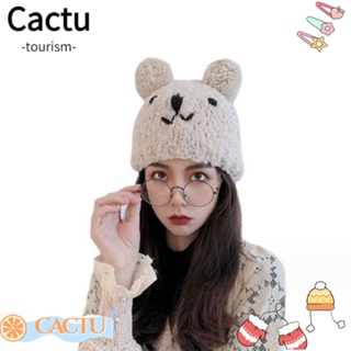 Cactu หมวกถัก ผ้าวูล กันลื่น ปีกกว้าง ลายหมี ให้ความอบอุ่น สีพื้น สําหรับผู้หญิง