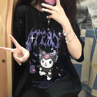 เสื้อยืดแขนสั้น ผ้าฝ้าย พิมพ์ลายการ์ตูน Sanrio Kuromi ทรงหลวม สไตล์ญี่ปุ่น สําหรับผู้หญิง และนักเรียน [ZXL]