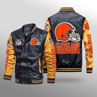 NFL Browns football team custom jacket long-sleeved plus fleece warm stitching color PU leather baseball uniform windproof jacket