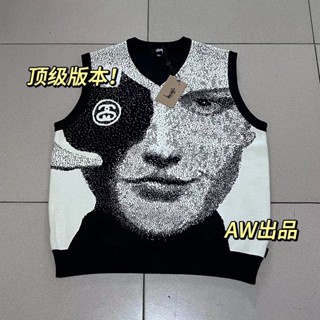 QEIS AW STUSSY fashion brand 22FW spoof series Face vest Jacquard knitted sweater vest for men and women