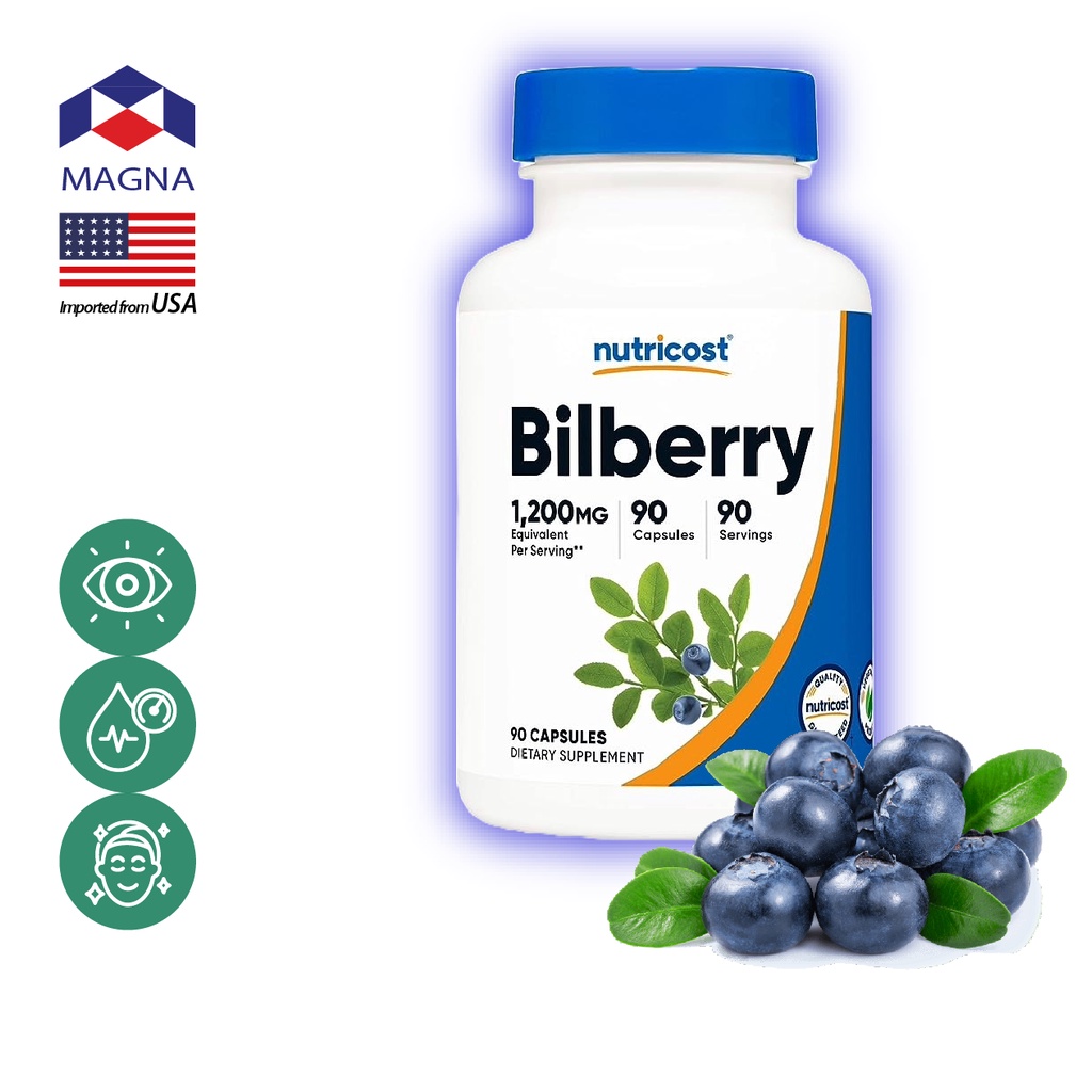 นูทรีคอสท์ บิลเบอร์รี่ 1200 mge x 90 เม็ด Nutricost Bilberry สุขภาพดวงตา /กินร่วมกับ แอสต้าแซนทีน บีทรูท ถังเช่า น้ำม...