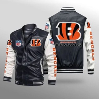 NFL Bengals Rugby Team Custom Jacket Long Sleeve Plus Fleece Warm Stitching Color PU Leather Baseball Uniform Windproof Jacket