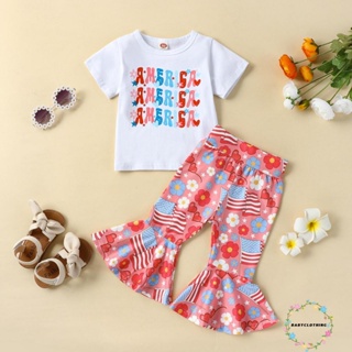 Babyclothes- ชุดเสื้อแขนสั้น ลายดอกไม้ และกางเกงบาน สีขาว แฟชั่นฤดูร้อน สําหรับเด็กผู้หญิง 2 ชิ้น