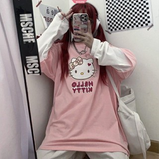 SANRIO เสื้อยืดแขนยาว ลาย Hello Kitty สีชมพู เหมาะกับของขวัญ สําหรับนักเรียนหญิง [ZXL]