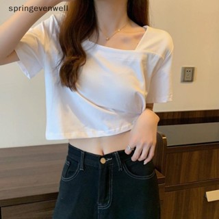 [springevenwell] ใหม่ พร้อมส่ง เสื้อยืดครอปท็อป แขนสั้น คอสี่เหลี่ยม ทรงหลวม สีพื้น แฟชั่นฤดูร้อน สําหรับผู้หญิง