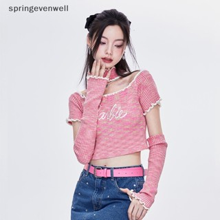 [springevenwell] Y2k เสื้อกันหนาว เปิดไหล่ ผ้าถัก สีชมพู สําหรับผู้หญิง