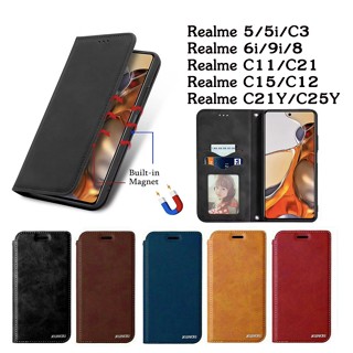 015.เคส กระเป๋าหนัง  ตั้งได้ REALME - 5 5i 6i 9i C3 8 C11 C12 C15 C21 C21Y C25 C25Y พร้อมช่องใส่บัตร เคสมีแม่เหล็ก