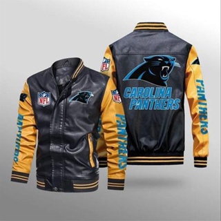 NFL Panthers football team custom jacket long sleeve plus fleece warm stitching color PU leather baseball uniform windproof jacket