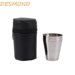 Desmond แก้วไวน์ เบียร์ สเตนเลส หนัง PU 30 มล. แบบพกพา เกรดอาหาร สําหรับตั้งแคมป์ เดินทาง 4 ชิ้น