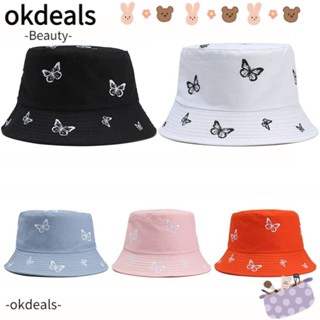 Okdeals หมวกบักเก็ตลําลอง กันแดด ปักลายผีเสื้อ