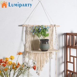 Lumiparty ชั้นวางของ เชือกฝ้ายธรรมชาติ แบบถักมือ พร้อมชั้นวางของไม้ สไตล์โบโฮ สําหรับแขวนผนังบ้าน