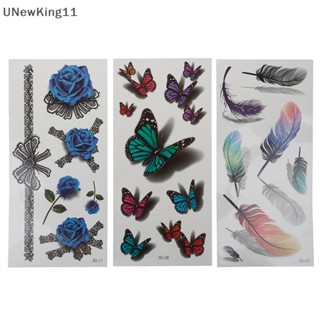 Unewking สติกเกอร์รอยสักชั่วคราว ลายผีเสื้อ ขนนก กุหลาบ 3D กันน้ํา