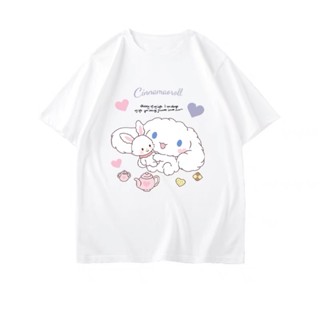 หล่อ Sanrio babyCinnamoroll ฤดูใบไม้ผลิและฤดูร้อนใหม่ผ้าฝ้ายผู้หญิงเสื้อยืดแขนสั้นเสื้อยืดด้านบน Unisex