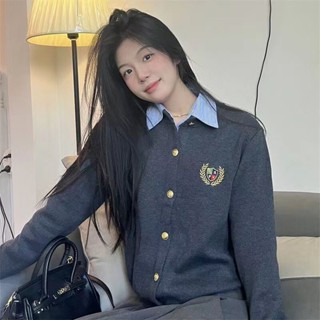 เสื้อคาร์ดิแกนกันหนาว ผ้าแคชเมียร์ คอกลม ปักลาย ทรงหลวม สไตล์อังกฤษ แฟชั่นฤดูใบไม้ผลิ สําหรับผู้หญิง