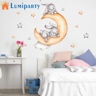 Lumiparty สติกเกอร์ติดผนัง ลายกระต่ายนอนบนดวงจันทร์ ก้อนเมฆ ดาว สําหรับห้องนั่งเล่น ห้องนอนเด็ก