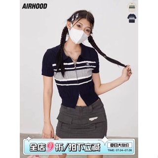 Airhood เสื้อโปโลแขนสั้น ผ้าถัก มีซิปคู่ สไตล์ยุโรป อเมริกัน สําหรับผู้หญิง JPDE