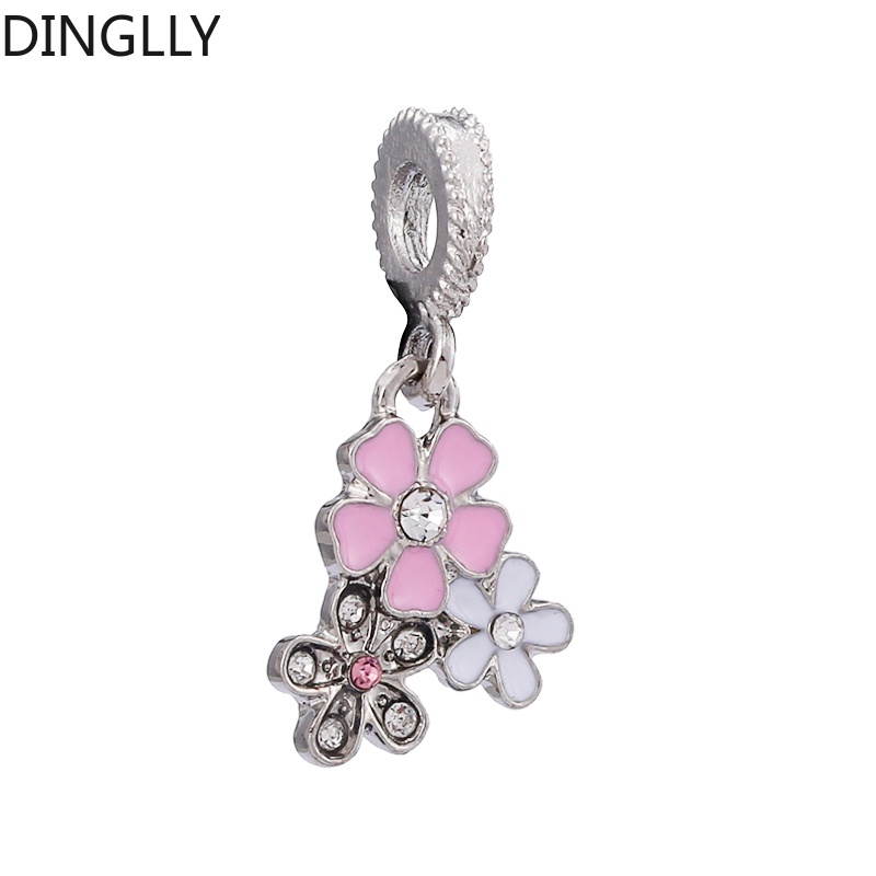 Dinglly จี้ดอกไม้ พืช โลหะผสม เคลือบ และพลอยเทียม สีชมพู ดอกเดซี่ ดาว เสน่ห์ เครื่องประดับ Diy อุปกรณ์ทํา
