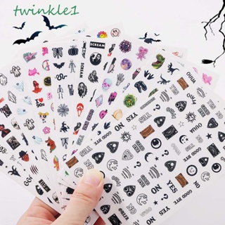 Twinkle1 สติกเกอร์ติดเล็บ ลายฮาโลวีน แมว ผี โครงกระดูก แมงมุม มีกาวในตัว สําหรับตกแต่งเล็บ