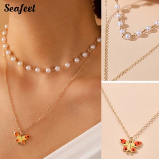 Seafeel สร้อยคอโชคเกอร์ สองชั้น จี้ไข่มุกเทียม ผีเสื้อ มีสไตล์