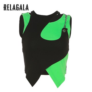 Relagala เสื้อครอปท็อปลําลอง แขนกุด ทรงไม่สมมาตร เข้ารูป สีตัดกัน แฟชั่นเรียบง่าย สไตล์สตรีท สําหรับผู้หญิง 2023