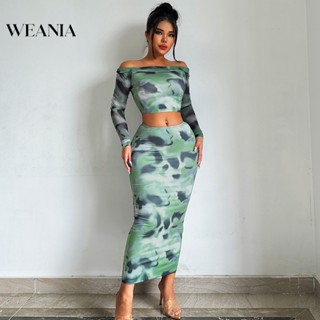 Weania เสื้อยืด เปิดไหล่ แขนยาว เซ็กซี่ และกระโปรง สําหรับผู้หญิง