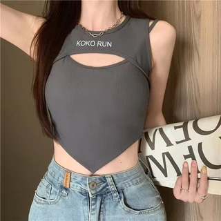 #112 สินค้าพร้อมส่งจากไทย เสื้อครอป ผ้านุ่มใส่สบายสกรีนอักษร แต่งสายเดี่ยวเปิดไหล่ COK