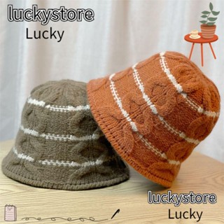 Lucky หมวกบักเก็ต ผ้าขนสัตว์ถักนิตติ้ง แบบนิ่ม ทรงกลม ให้ความอบอุ่น ลายทาง แฟชั่นฤดูใบไม้ร่วง และฤดูหนาว