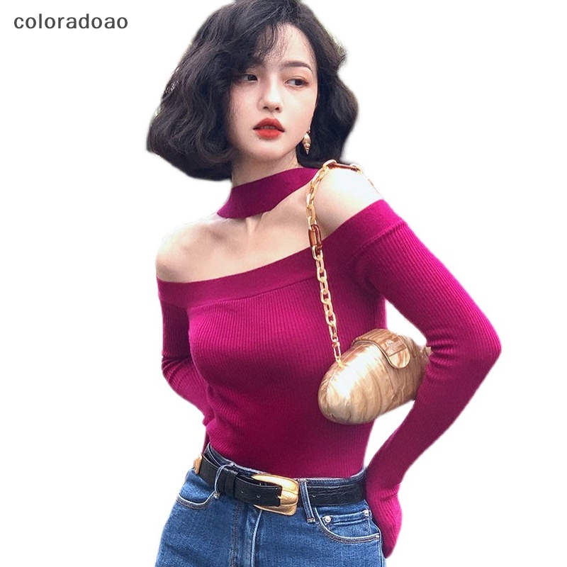 Crd เสื้อกันหนาวแขนยาว เปิดไหล่ ผ้าถัก เซ็กซี่ สีพื้น สําหรับผู้หญิง ZXH - รูปที่ 6