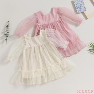 Kidsup1- ชุดเดรสแขนยาว คอสี่เหลี่ยม ผ้าตาข่าย สีพื้น ลําลอง สําหรับเด็กผู้หญิง