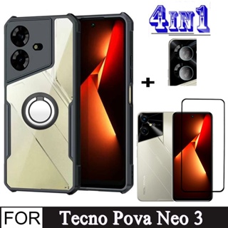 4in1 Tecno Pova Neo 3 ฟิล์มกระจกนิรภัย สําหรับ Tecno Pova 5 4 Pro 3 Neo 2 Spark Go 2023 10 7 Pro 10C 8C 7T เคสโทรศัพท์ กันกระแทก และเลนส์กล้อง กระจก และแหวนนิ้ว