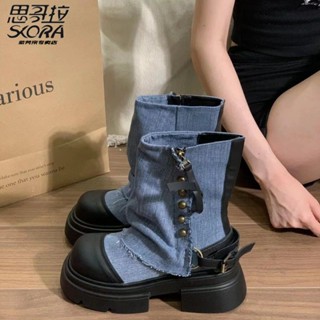 HOT🔥รองเท้าบูชผู้หญิงแฟชั่นสไตล์เกาหลี รองเท้าหนังผู้หญิง กันน้ำ สวมใส่สบาย กันลื่น