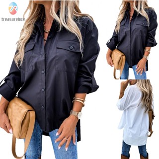 【TRSBX】Women Tops Shirts Women Casual Irregular Lapel Long Sleeve Loose Oversized