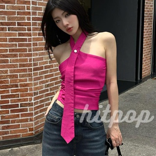 Hitpop- เสื้อกล้าม แขนกุด เปิดหลัง สีพื้น สไตล์สตรีท เหมาะกับฤดูร้อน สําหรับผู้หญิง