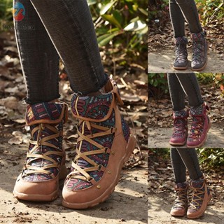 【TRSBX】Womens Stylish Print Stitching Retro Boots Lace Up Biker Punk Military Style