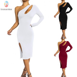 【TRSBX】Dress 1pcs Bodycon Cocktail Midi One Shoulder Solid Color Beautiful Robe