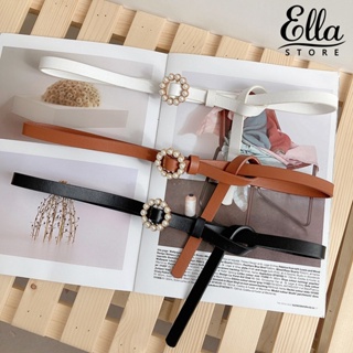 Ellastore123 เข็มขัดหนังเทียม ประดับไข่มุกปลอม ทรงกลม เข้ากับชุดเดรส สําหรับผู้หญิง