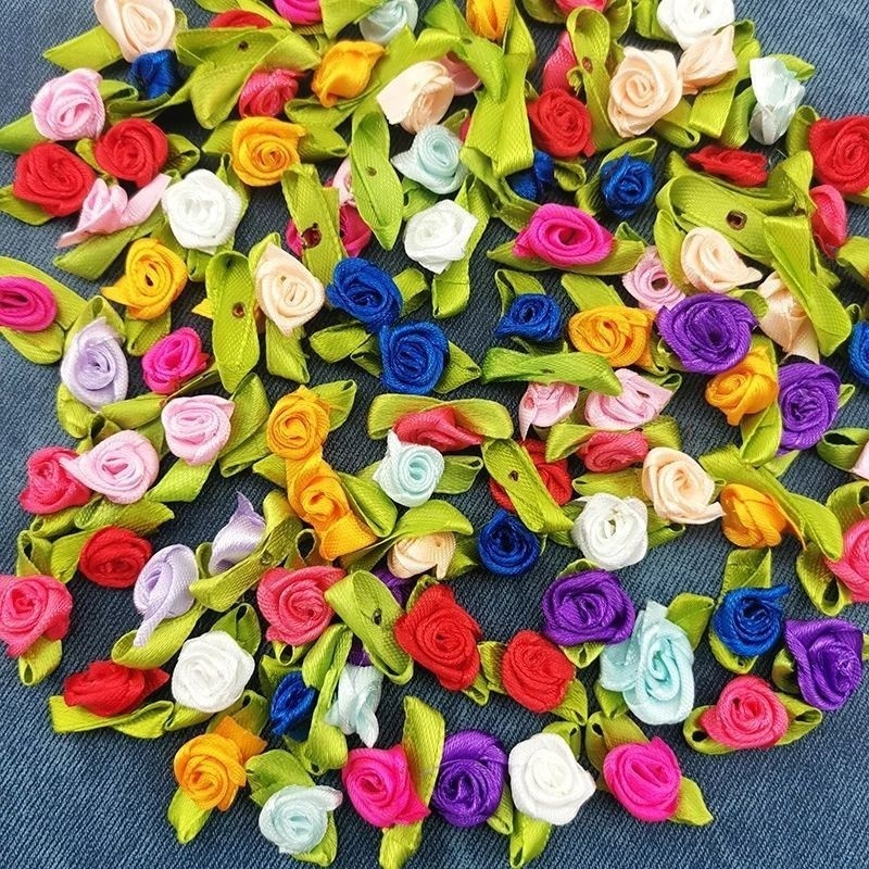 100PCS/Lot 27mm Wide Mini Handmade Rose Flower Satin Ribbon Rosettes Fabric Appliques For Wedding Decoration Craft Sewing Accessories