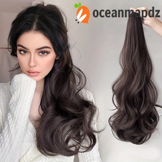 Oceanmapdz ต่อผมหางม้า ผมหางม้าสังเคราะห์ ผมหางม้าหยักศก สีน้ําตาลธรรมชาติ ทนความร้อน ไฟเบอร์สีดํา หางม้าหยักยาว ทุกวัน