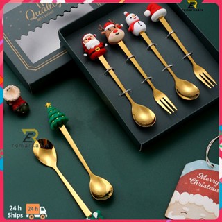 พร้อมสต็อก Kids Christmas Element ช้อนส้อมเด็กสแตนเลส ชุดพกพา ช้อนส้อมลายการ์ตูนสุดน่ารัก โดดเด่น_th