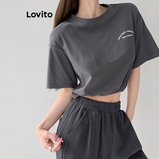 Lovito เสื้อยืด พิมพ์ลายตัวอักษร แบบผูกเชือก ลําลอง สําหรับผู้หญิง LNA20114 (สีเทา)