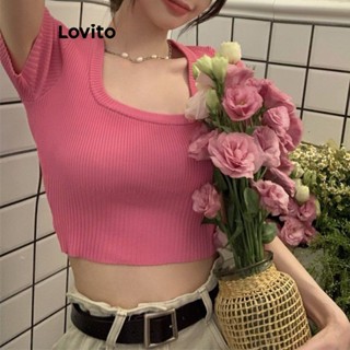 Lovito เสื้อครอปท็อปลําลอง ผ้าถัก สําหรับผู้หญิง LNE20081 (สีชมพู/ดํา)