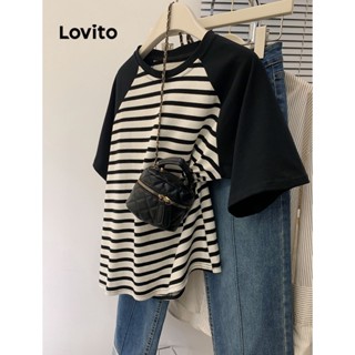 Lovito เสื้อยืดลําลอง ลายทาง บล็อกสี สําหรับผู้หญิง LNA20199 (สีดํา)