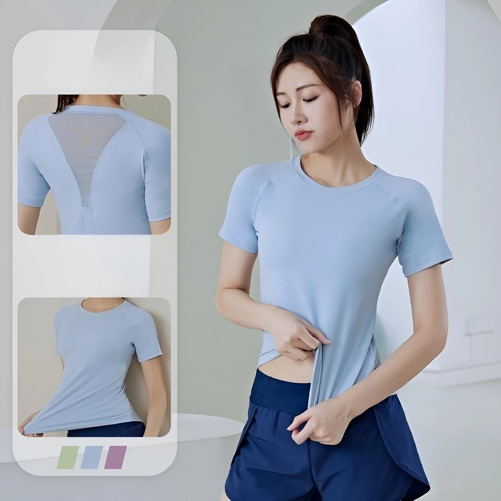 เสื้อยืดออกกำลังกายผู้หญิงแขนสั้น ทรงเข้ารูป ผ้านิ่ม ระบายอากาศ ผ้ายืดหยุ่นได้ดี Size S-2XL