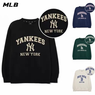 Mlb NY ของแท้ 100% เสื้อกันหนาว ผ้าฝ้ายถัก คอกลม พิมพ์ลายโลโก้ ขนาดใหญ่ สําหรับผู้ชาย และผู้หญิง