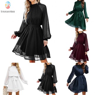 【TRSBX】Women Dress Long Sleeves Crew Neck Flowy Swiss Dot High Waist Chiffon Dress