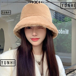 Yunhi หมวกบักเก็ต ประดับขนเฟอร์เทียม ให้ความอบอุ่น สีพื้น แฟชั่นฤดูหนาว สําหรับผู้หญิง