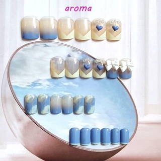 Aroma เล็บปลอม แบบสั้น ถอดออกได้ ลายโบว์ หัวใจ 3D สไตล์ญี่ปุ่น สําหรับตกแต่งเล็บ