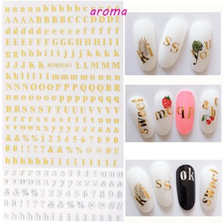 Aroma สติกเกอร์ฟอยล์ ลายตัวอักษรภาษาอังกฤษ สีเงิน มีกาวในตัว สําหรับตกแต่งเล็บ