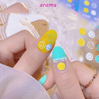 Aroma สติกเกอร์ใส ลายดอกไม้ หน้ายิ้ม 3D มีกาวในตัว สําหรับตกแต่งเล็บ